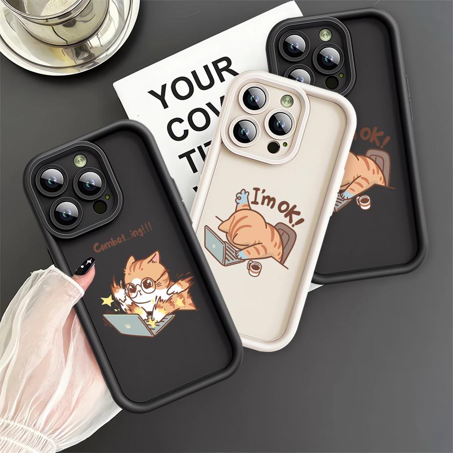 Phone Case for iPhone 11 13 14 16e 12 16 Pro Max 15 Plus Soft Shell 15Pro 14+ 13Pro 16+ Funny Cartoon Work Cat
