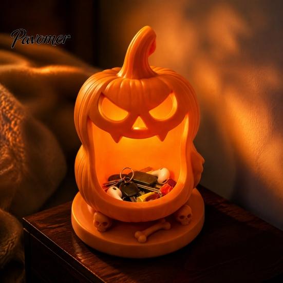 Festive Holiday Home Furnishings Halloween Pumpkin Candy Bowl, 3D Printed Storage Box with Skull Bone Decorative Base, Portable Trick or Treat Jewelry