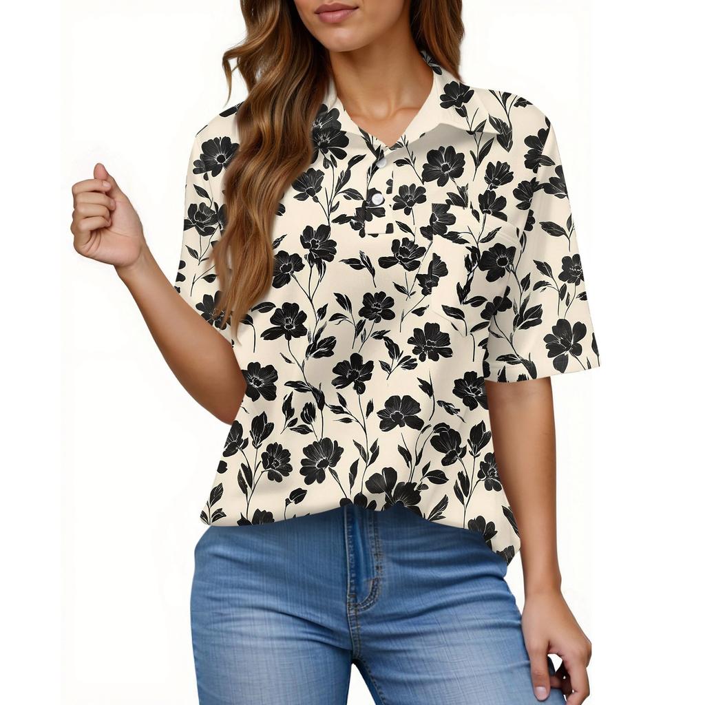 Damenmode Lässig Knopf Tasche Hemd Kurze Ärmel Druck Revers Oberteil