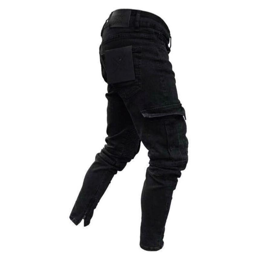Mens Stretch Skinny Jeans Slim Fit Cargo Denim Pants Black Long Trousers