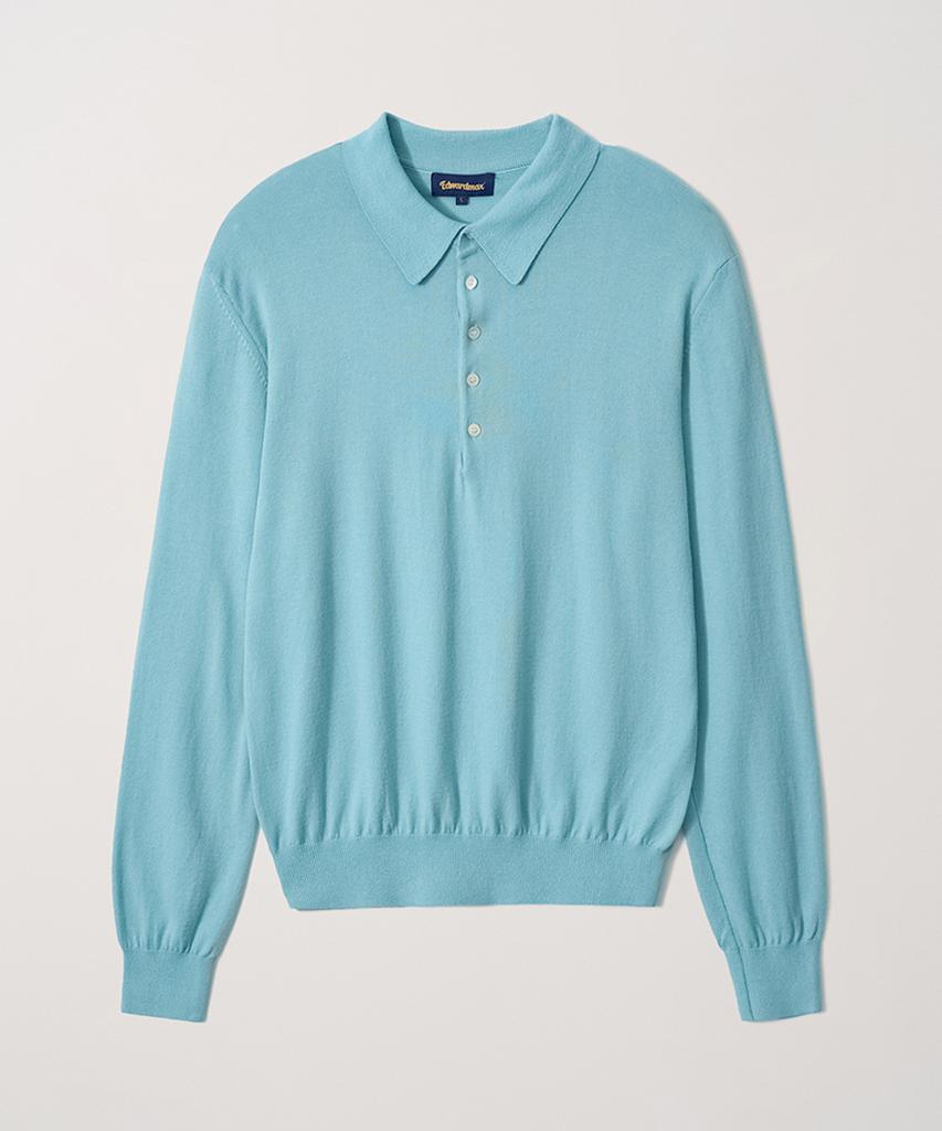 EDWARDMAX 5-Button Cotton Collar Summer Long Sleeve Knit (Emerald Blue)