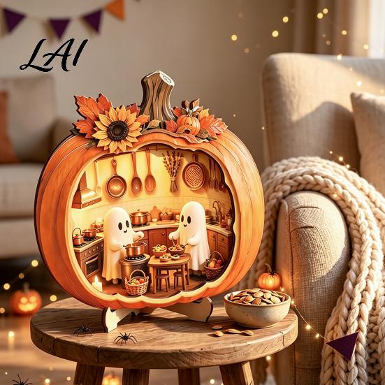 Halloween Pumpkin Decor Ghost Tabletop Sign Wooden House with Mini Unique Fall Party Table Centerpieces Scene Harvest Desktop Ornament for