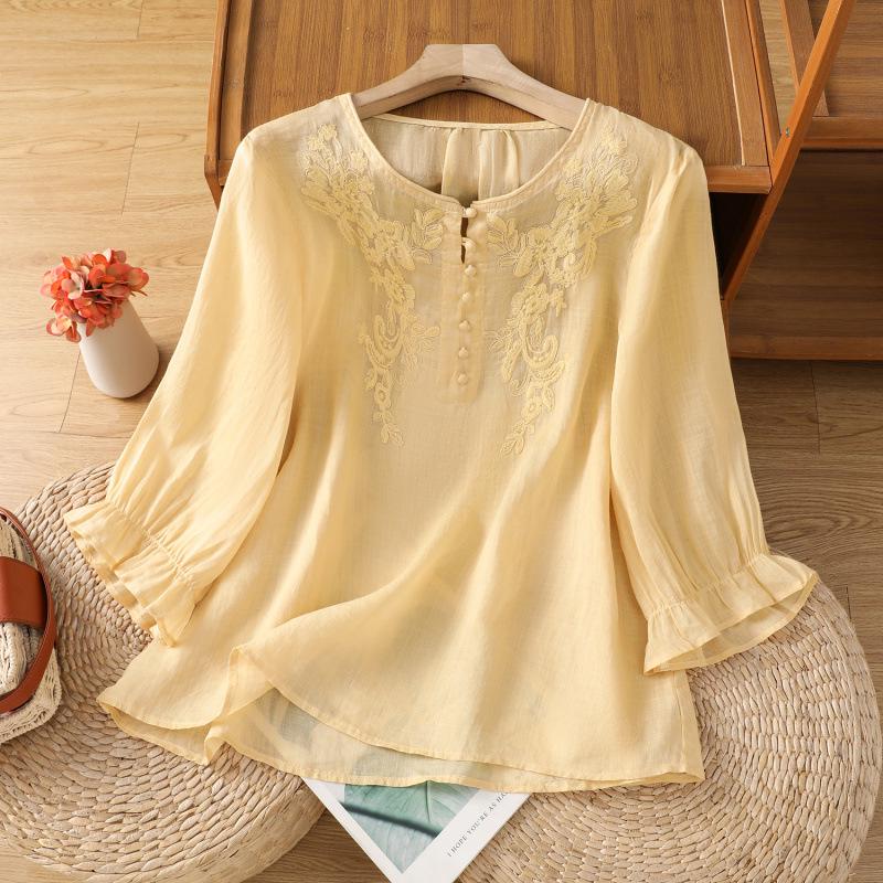 2026 Artistic Summer Embroidered Top: Soft, Breathable, Loose Fit with Ruffle Cuffs