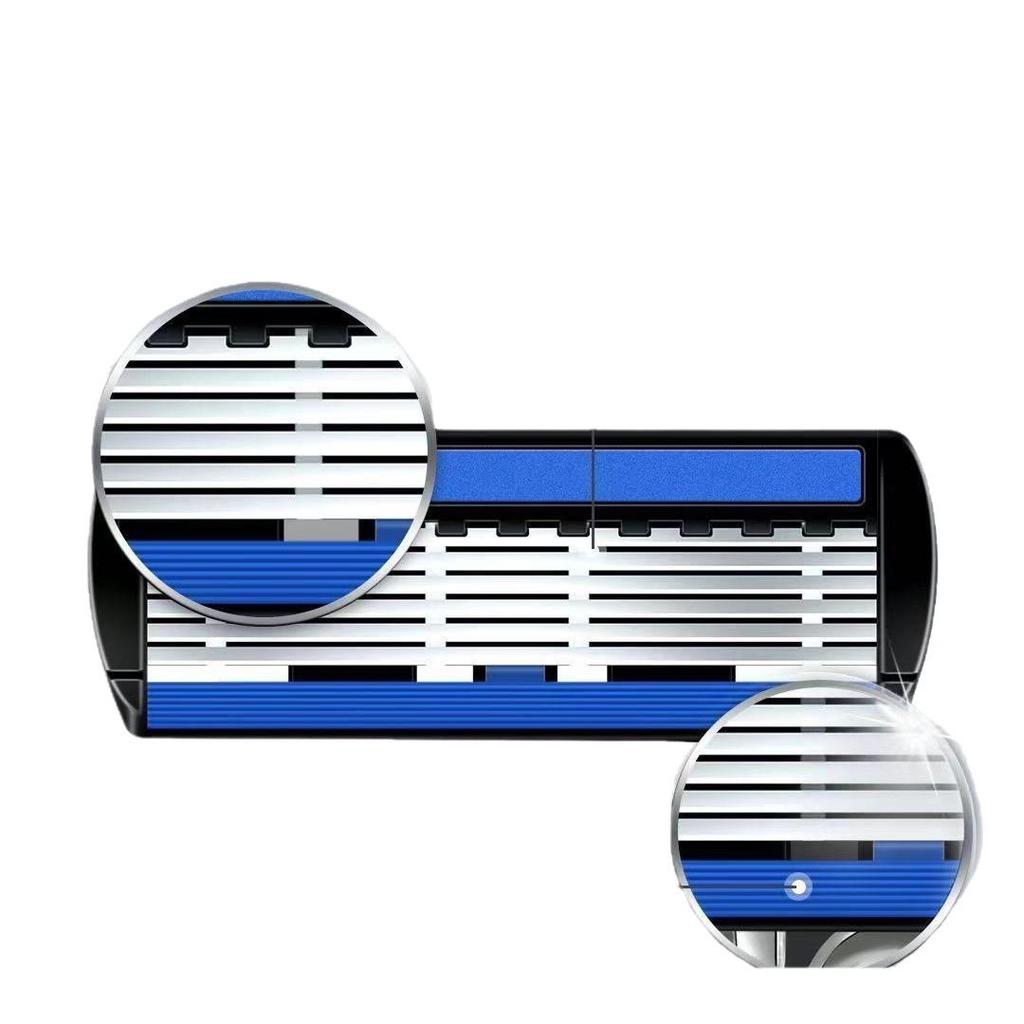 6-Layer Manual Men's Razor with Stainless Steel Handle and Blue & White Porcelain Blade