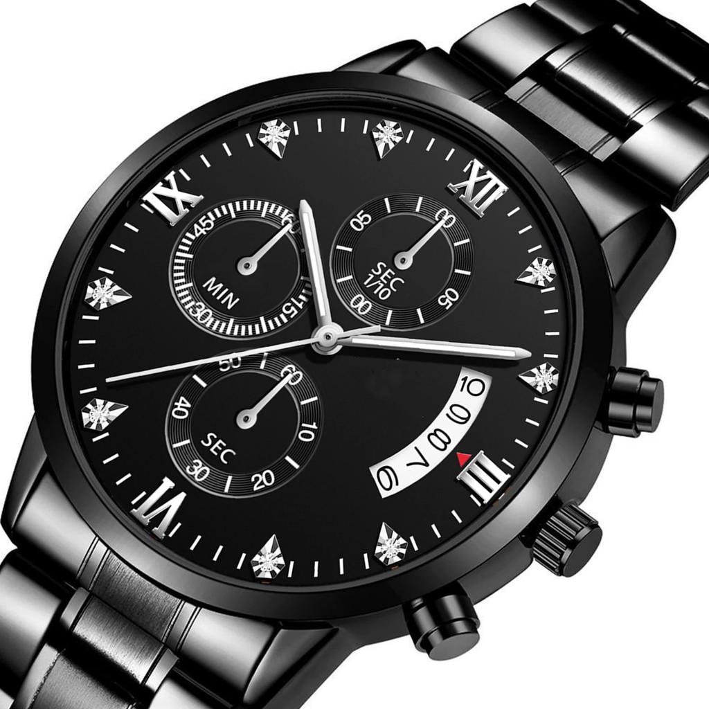 Multifunktionale Herren Quarz Uhr Business Strass Edelstahl Kalender Zeitmessung Armbanduhr