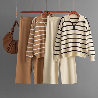 Autumn and Winter New Contrasting Color Striped Collar Niche Design Knitted Top High Waist Wide Leg Pants Two-piece Set