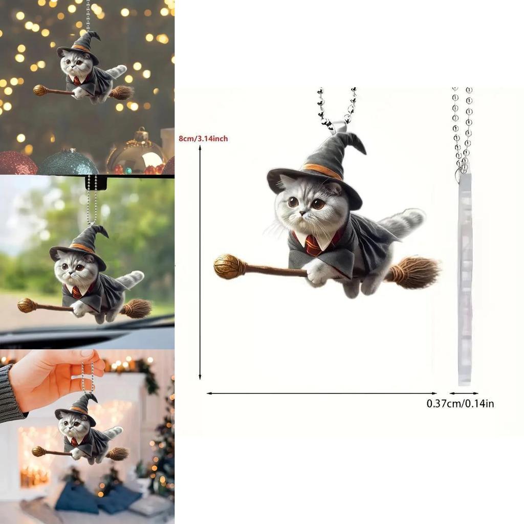 Acryl-Autodekorationen mit flacher Oberfläche und einem magischen Katzenmotiv auf einem Besen für den Fahrzeuginnenraum