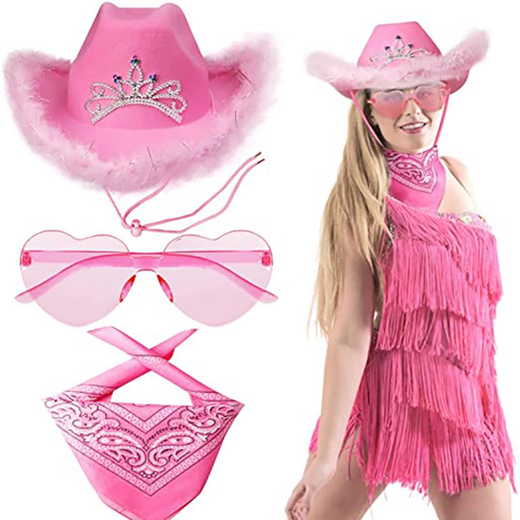 3Pcs Cowgirl Hat Set For Women 3 Light Modes Light Up Tiara With Bandana And Heart Shape Sunglasses Glitter Drawstring Cowboy Hat Dress Decoration