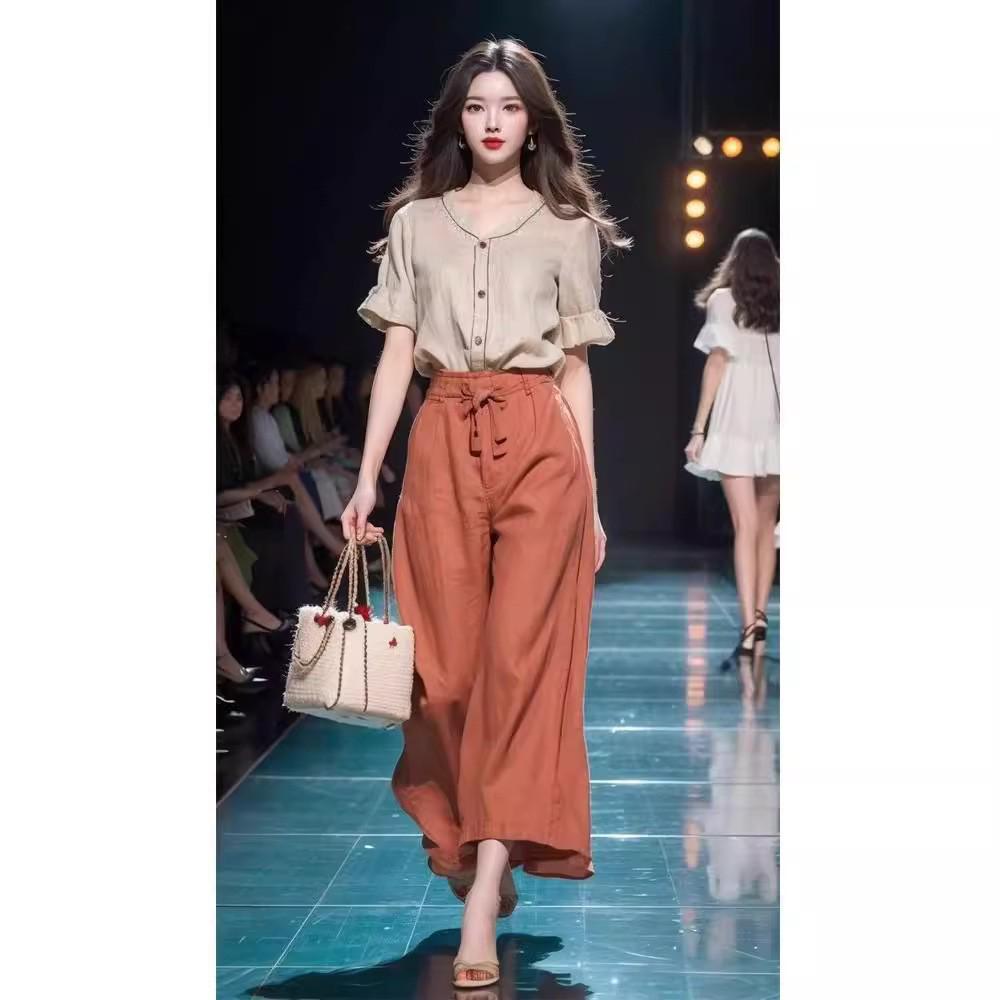 

2024 Summer High-End French Socialite Linen Shirt & Wide-Leg Pants Set Large