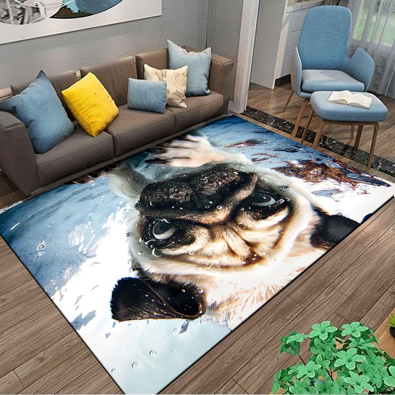 Swimming Pug Underwater Art suitable as a non-slip mat for the living room or bedroom sofa