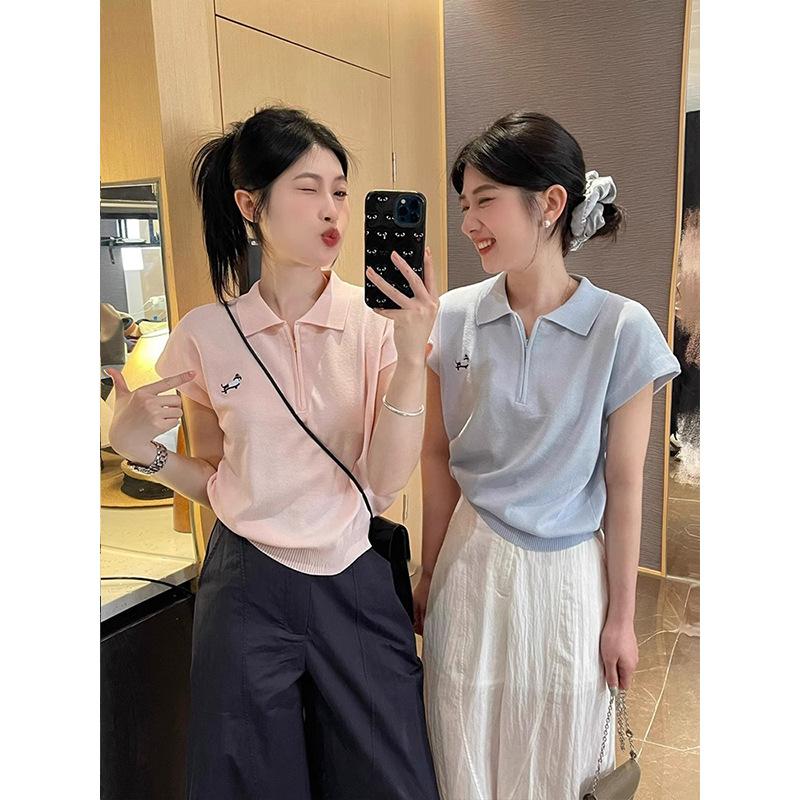 Polo Collar, Half-zipper, Straight-shoulder Short-sleeved T-shirt for Women, Summer Grey Lapel Knitted Sweater, Short Korean-style Top
