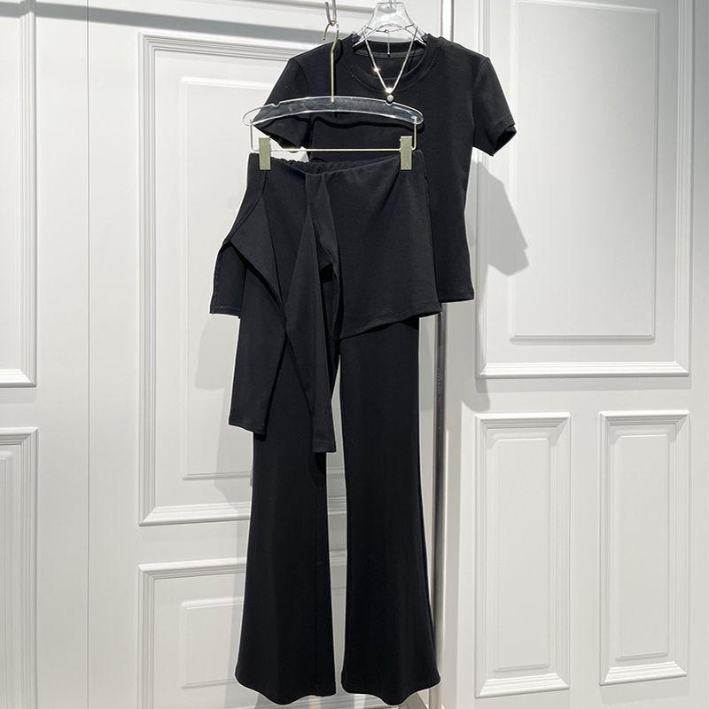 Summer Slimming T-shirt & High-Waisted Flare Pants Skirt Set