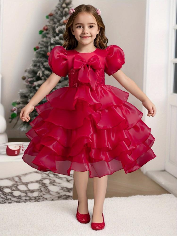 Girls Cake Dresses Bow Bubble Sleeve Princess Dress Walking Performance Halloween Flower Girl Party Dresses Dresses 8622  Girl's Favourite Dress