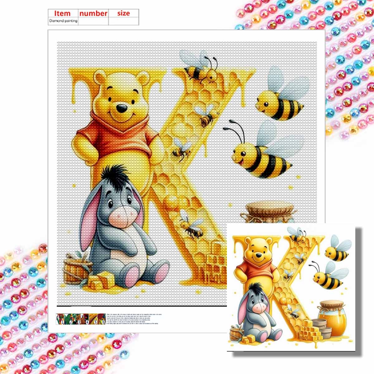

DIY Diamond Painting Round Diamond The Letters K In Vini and Eeyore Full Diamond Mosaic Home Decoration Painting Cross Stitch Kit Round 20x20cm