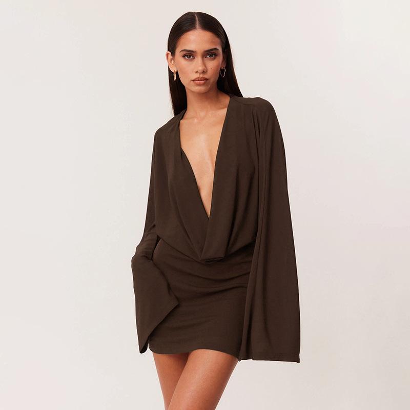 

European and American style women s clothing autumn new sexy V-neck loose long-sleeved solid color temperament hip-wrapped dress S коричневый