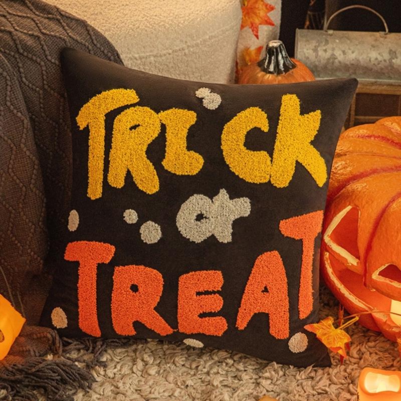 Sturdy Polyester Halloweens Throw Pillowcase With Closure Seasonal Embroidery Sofa Bedroom