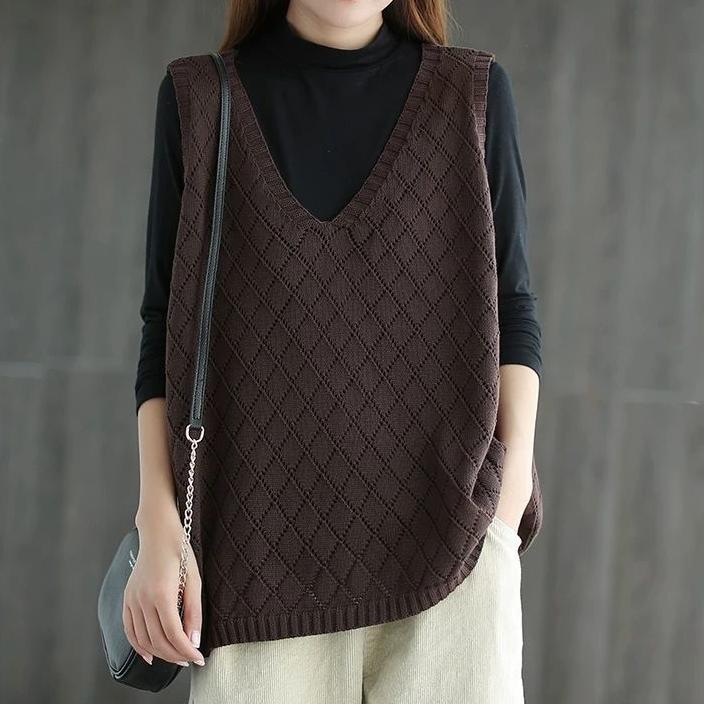 Autumn Knitted Vest Women's Loose Retro Art Vest V-neck Large Size Hollow Out I-shaped Vest Sweater Women