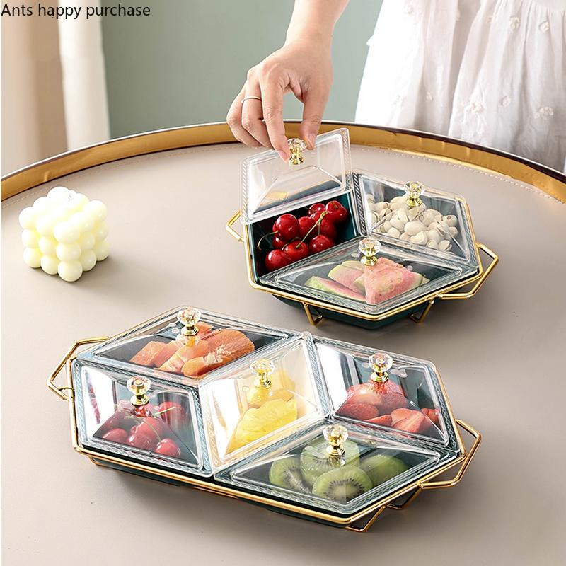 3 Grids 5 Grids Ceramic Snack Tray Acrylic Cover Metal Base Snack Platter Fruit Tray Dried Fruit Plate Salad Bowl Dessert Bowl