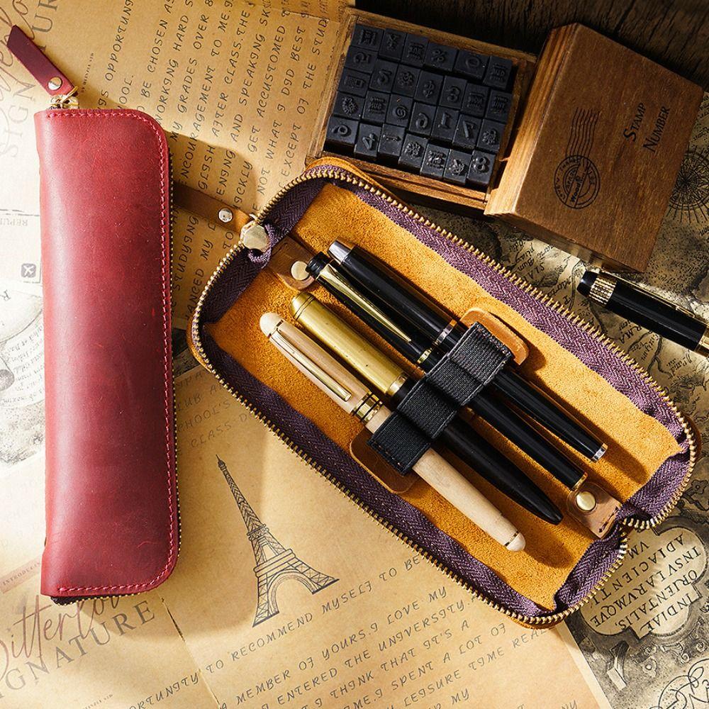 

Leather Portable Retro Pen Protection Bag Pencil Case Stationery Pouch Zipper Storage Bag
