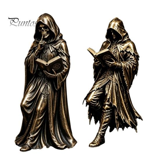 Occult Home Decoration Gothic Hooded Reaper Reading Book Resin Statue, Mystical Wizard Skull Figurine Unique Fantasy Collectible Desktop Bookshelf