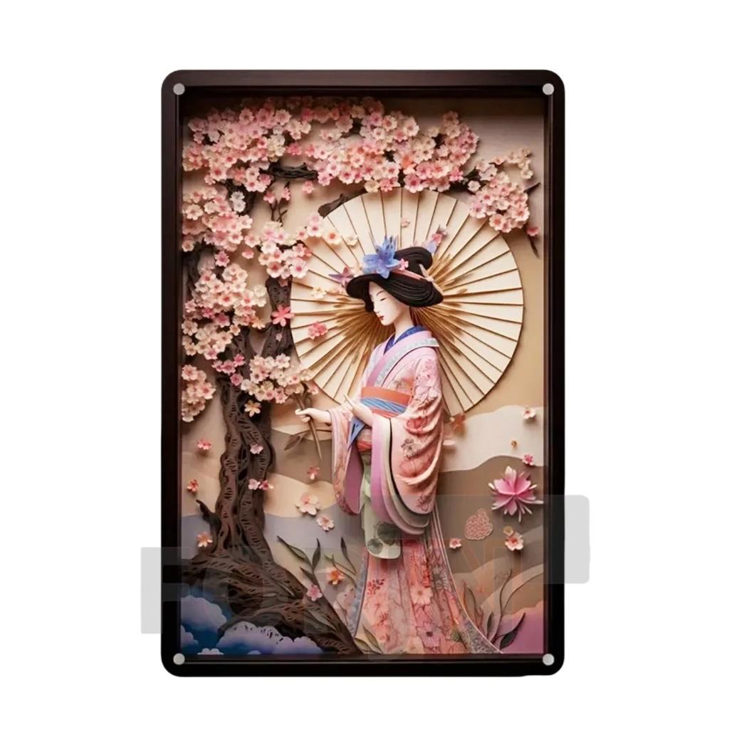 2D Japanisches Kunstposter Kimono Kirschblüten, elegantes Retro Geisha Metallschild, Zuhause, Zimmer, Büro, Izakaya, Café, Studio Wanddekor
