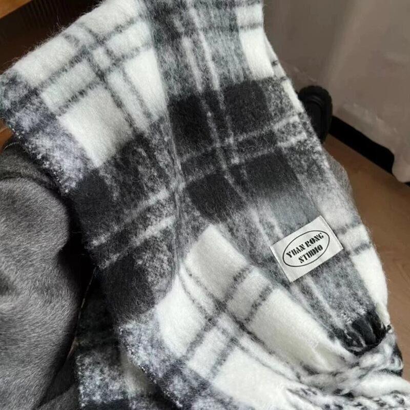 Korean Style Plaid Mohair Scarf - Women's Winter Imitation Cashmere Shawl
