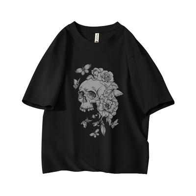 Gothic Floral Skull Aesthetic Oversized Short Sleeve O Neck T Shirt Graphic Print 100 Cotton Vintage Women Tops Clothes Summer