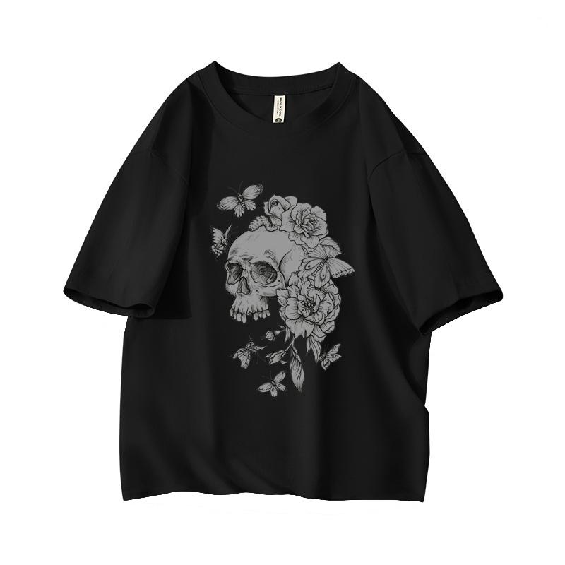 

Gothic Floral Skull Aesthetic Oversized Short Sleeve O Neck T Shirt Graphic Print 100 Cotton Vintage Women Tops clothes Summer L