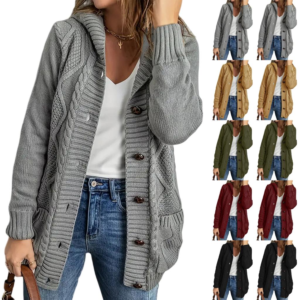 Women's Solid Color Long Sleeved Casual Pocket Knitted Sweater Cardigan Jacket