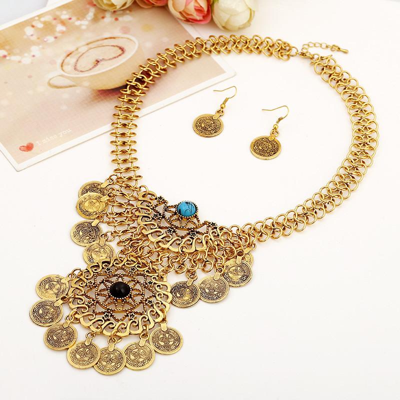 

European Retro Tassel Coin Necklace And Eardrop For Men And Women золотой