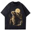 2026 Hot Sale Vintage Washed Black T-Shirt Bunny Howling To The Moon Graphic Tee Unisex Streetwear Summer Casual Short Sleeve Men Women Cotton Top