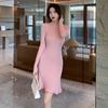 Herbst und Winter Slim Fit Einfarbig Gestricktes Damenkleid Langarm A-Linie Gerüschte Pulloverkleider Damen Lässig Hohe Taille Elegant Kurzes Kleid 25958