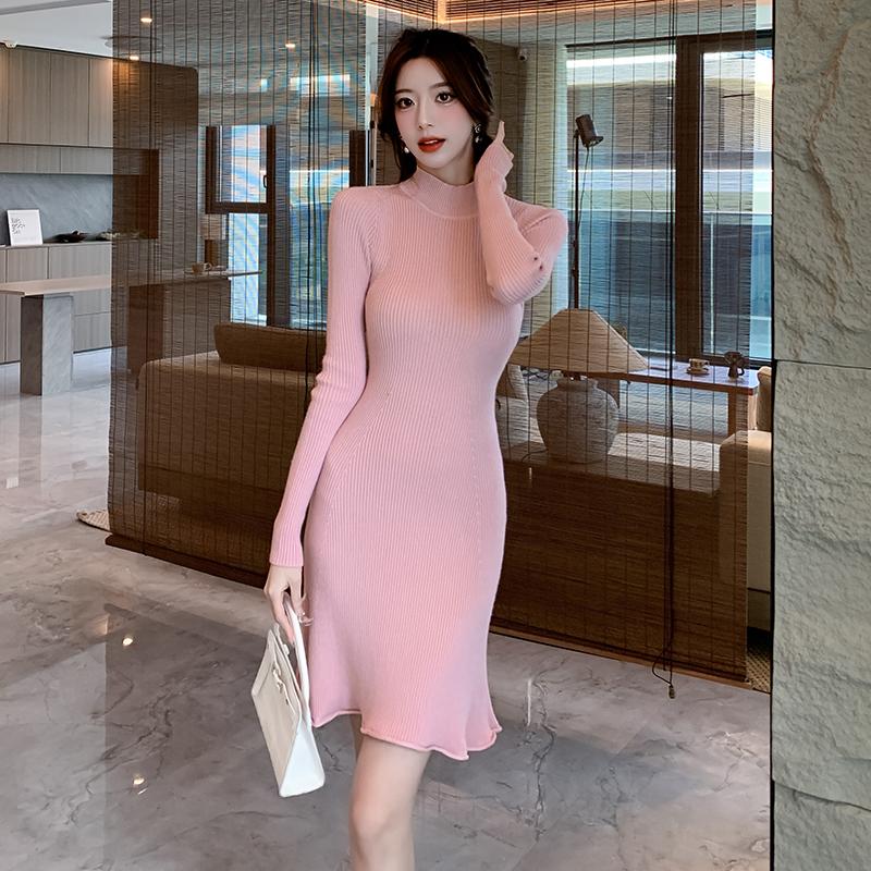 Herbst und Winter Slim Fit Einfarbig Gestricktes Damenkleid Langarm A-Linie Gerüschte Pulloverkleider Damen Lässig Hohe Taille Elegant Kurzes Kleid 25958