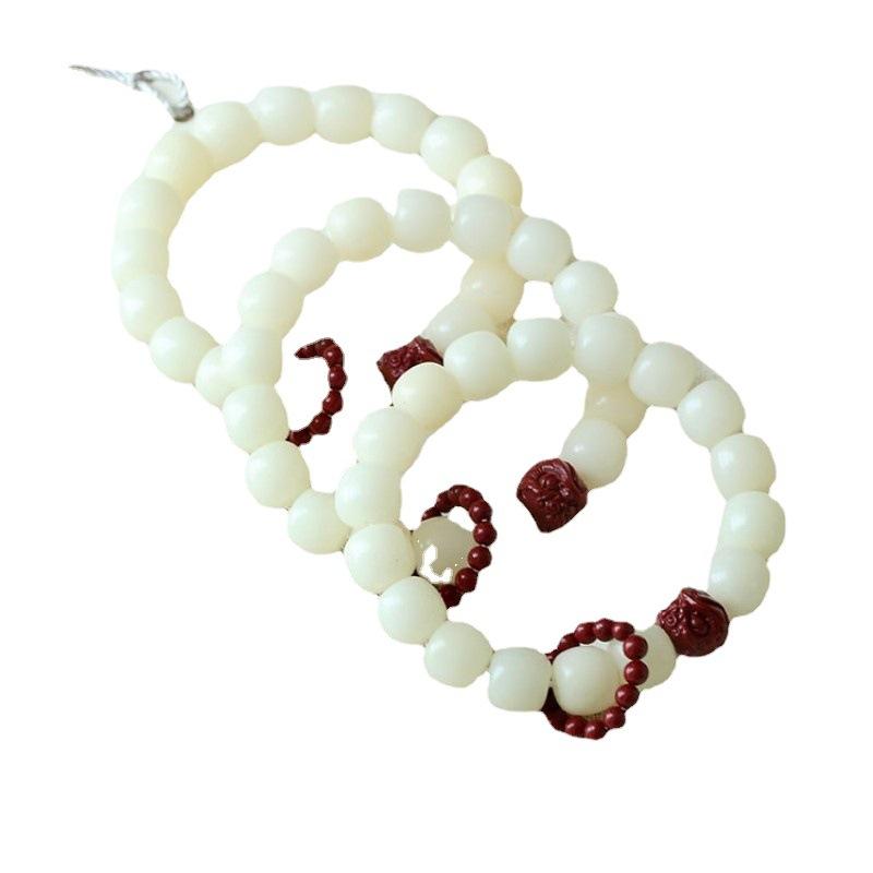Natural white jade bodhi bracelet, vintage-style bead bracelet for women, lion dance hand-held ornament, delicate finger jewelry, flexible loop