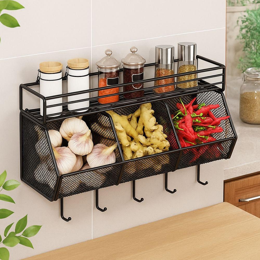 Carbon Steel Vegetable Drainage Basket Wall Mounted Onion Ginger Garlic Rack  Ingredients Sorting