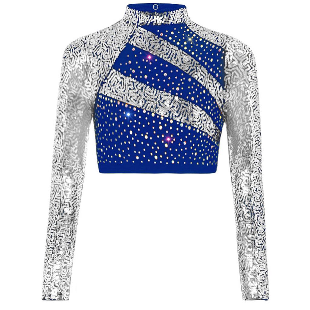 Mädchen Rollkragen Langarm Pailletten Strass Crop Top Cutout Rücken Druckknopf Tanz Top
