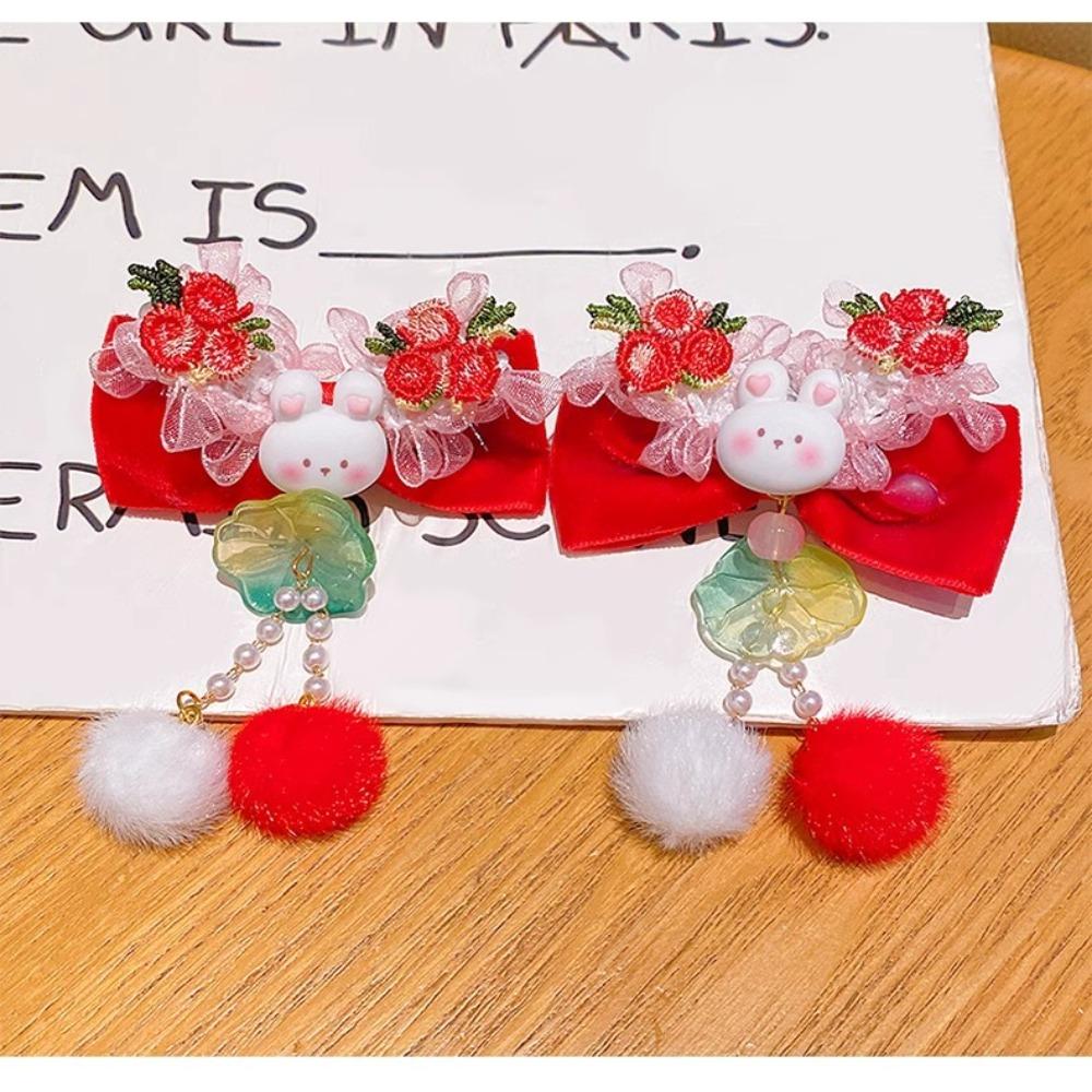 Bowknot Plush Fringe Hairpin Rabbit Chinese Style Barrettes Children's New Year Hair Clip  Festival