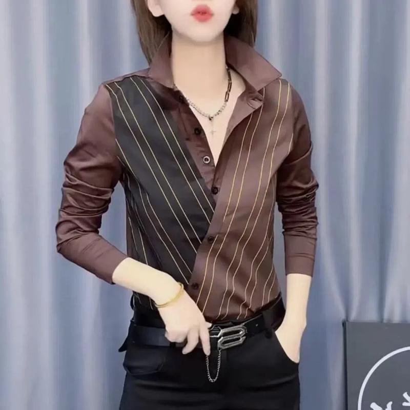 

Весна Осень Новая Мода Воротник ПОЛО Длинный Рукав Полосатые Женские Рубашки на Пуговицах Темперамент Тонкие 3XL кофейный