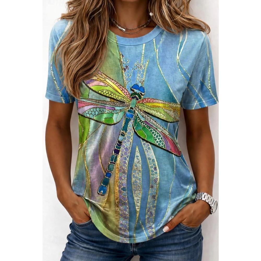 Fashion Women Retro Creative Dragonfly Pattern Print T Shirt Funny Casual O-neck Short Sleeves T-shirt Summer Female Tee Shirt