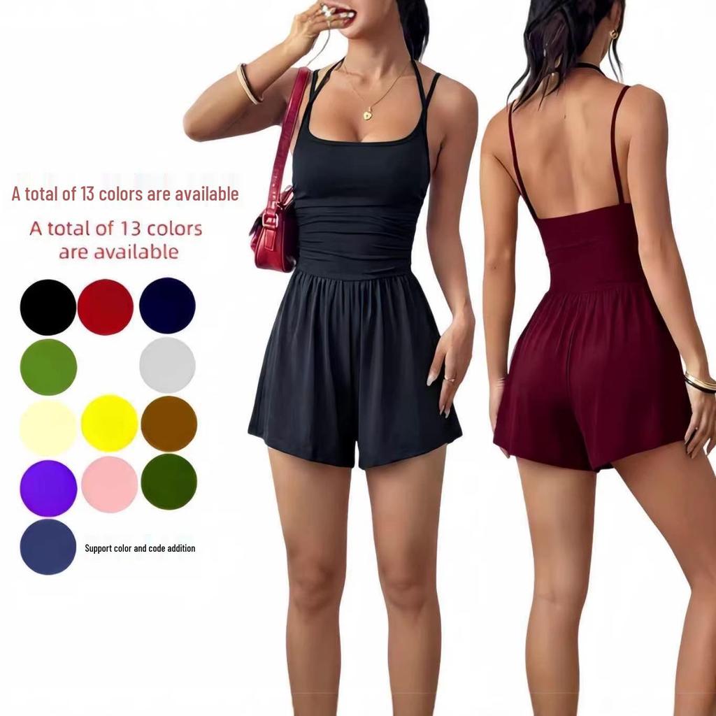 2026 Summer Women's Spaghetti Strap Casual Bandeau Jumpsuit with Wide Leg Shorts