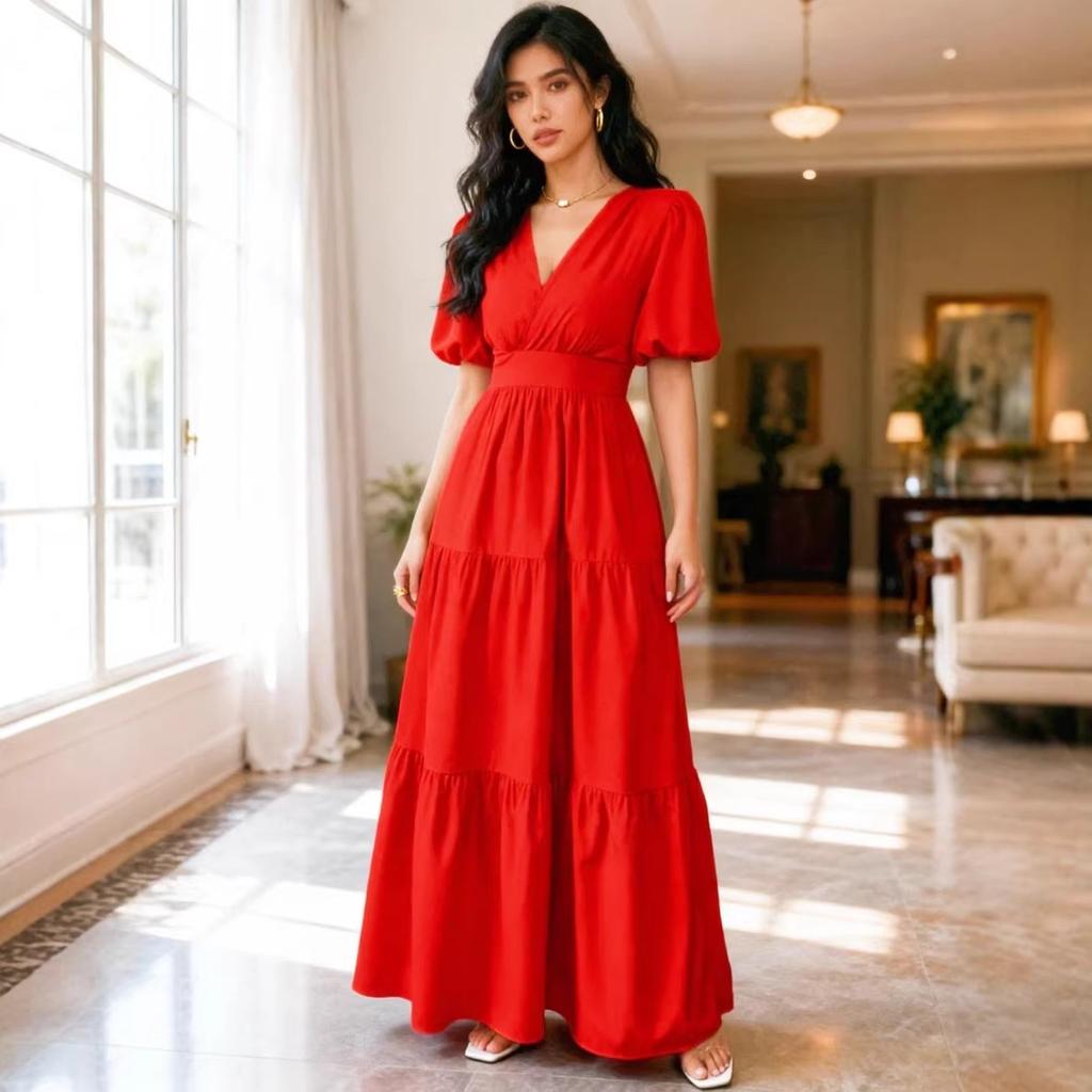 European and American Cross-border Foreign Trade New Women's Clothing Elegant Splicing Skirt Solid Color Short Sleeve High Waist Long Dress Dress 