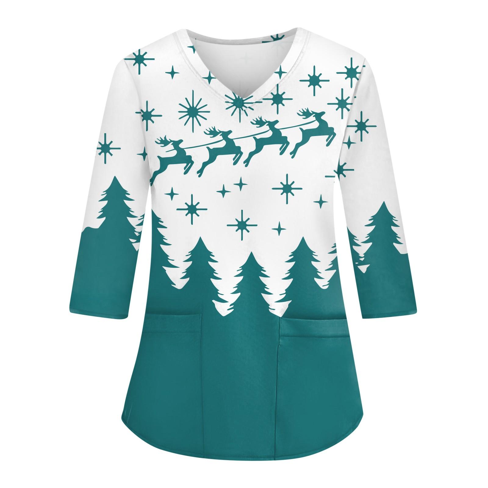 

Женский повседневный рождественский свободный V-образный вырез с карманом и принтом, рукава три четверти XXXL