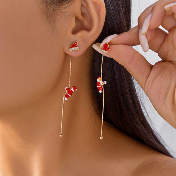 Christmas Asymmetrical Santa Claus Long Tassel Earrings for Women Elegant Snowflake Xmas Tree Elk Earrings Party Jewelry Gifts