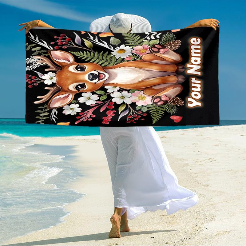 1PC Custom Name Whimsical Deer Garden Art Beach Towel Highly Absorbent And Sand-Resistant Towel for Swimming, Pool, Yoga, And Travel Lightweight