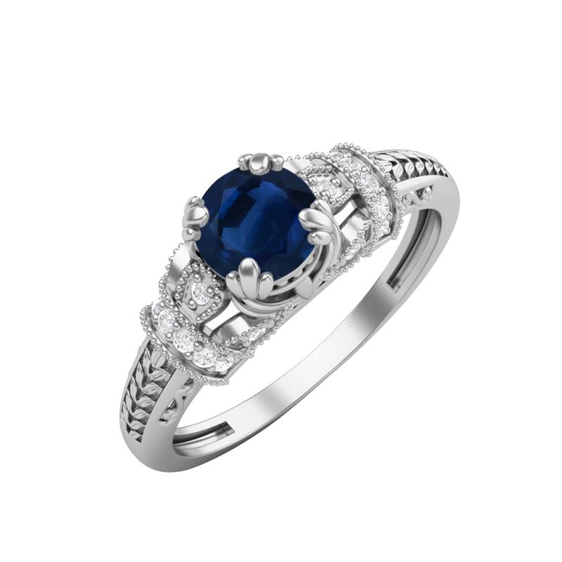 

5MM Round Blue Sapphire Gemstone 925 Sterling Silver Solitaire Blossom Design Women Wedding Ring 11.5 білий
