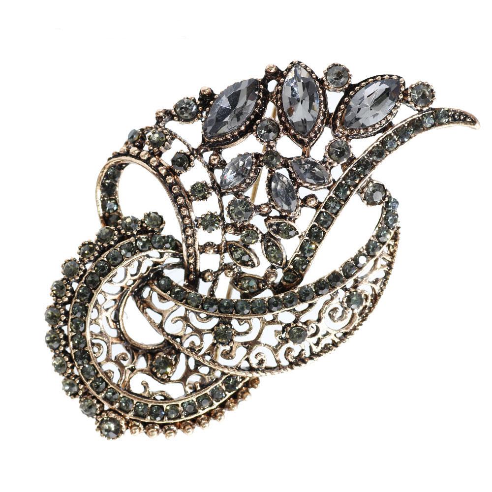 Fashion Floral Grey Stone Brooch Ladies Antique Gold Color Crystal Lapel Scarf Pin Jewelry Wholesale