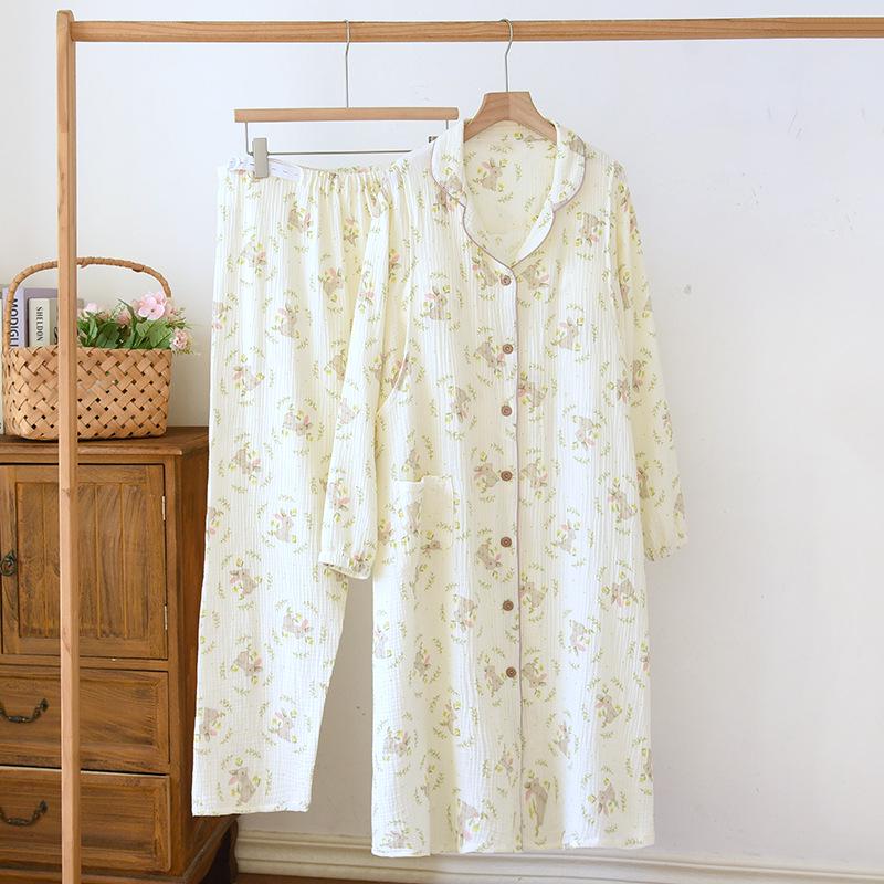 Pure Cotton Maternity Two-Piece Set: Bra-Free Crepe Skirt and Pants for Spring & Autumn - Perfect for Nursing and Delivery Room Wear