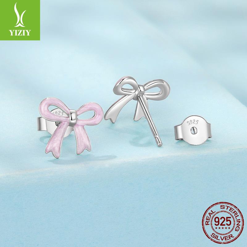 Girly Heart Pink Bow Stud Earrings Female Romantic Princess Style S925 Sterling Silver Stud Earrings