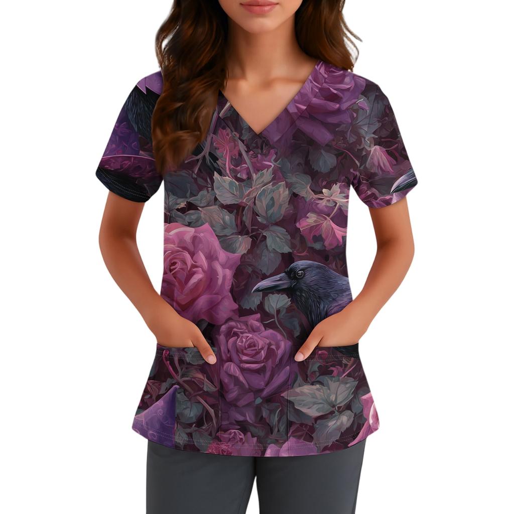 Women V Neck Short Sleeve Top with Pockets Halloween Themed Printed Scrub Shirt Comfortable Fit for Staff