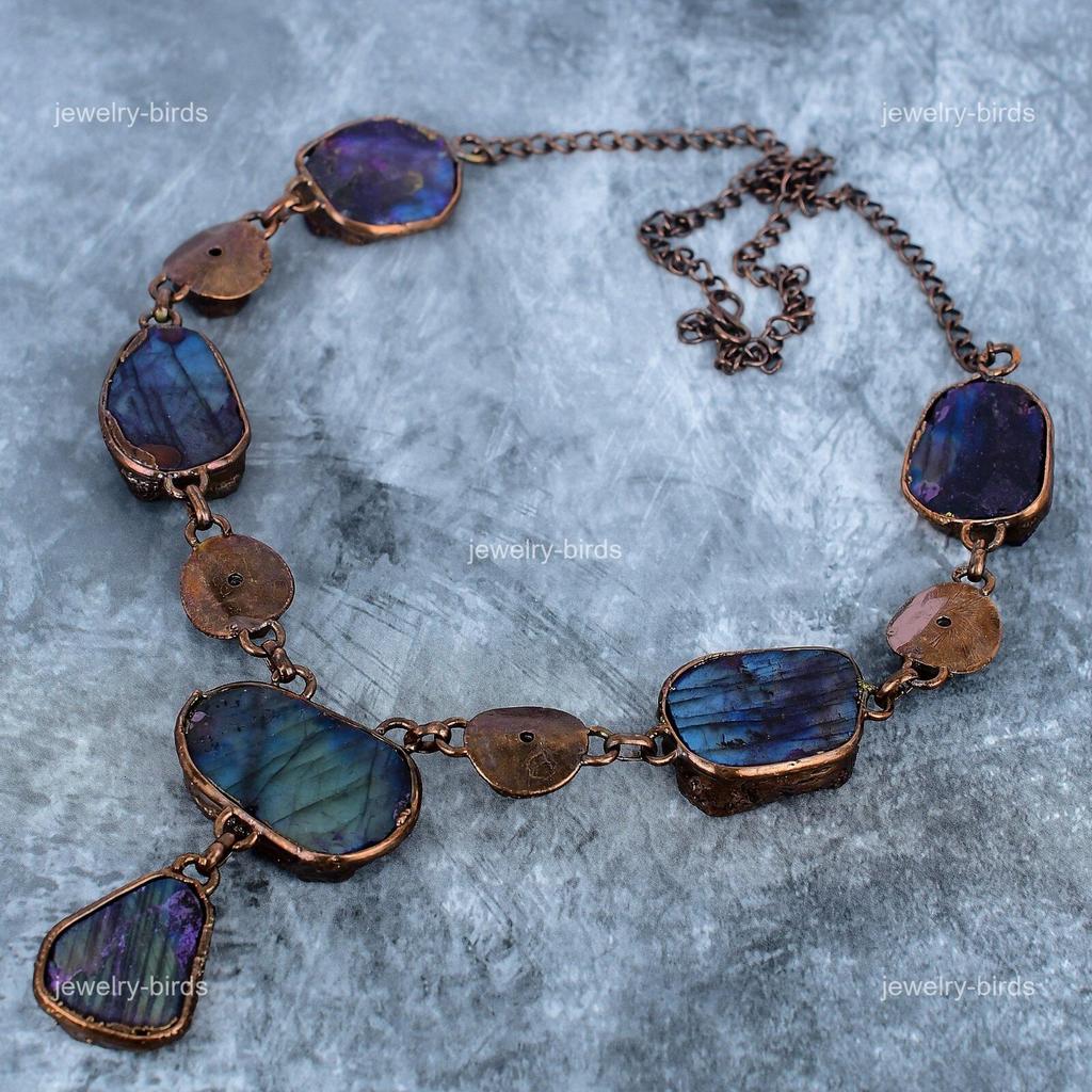 Pierre Gemme Labradorite Chaîne en Cuivre Électroformée Chakra du Troisième Œil Collier Bohème VP-112
